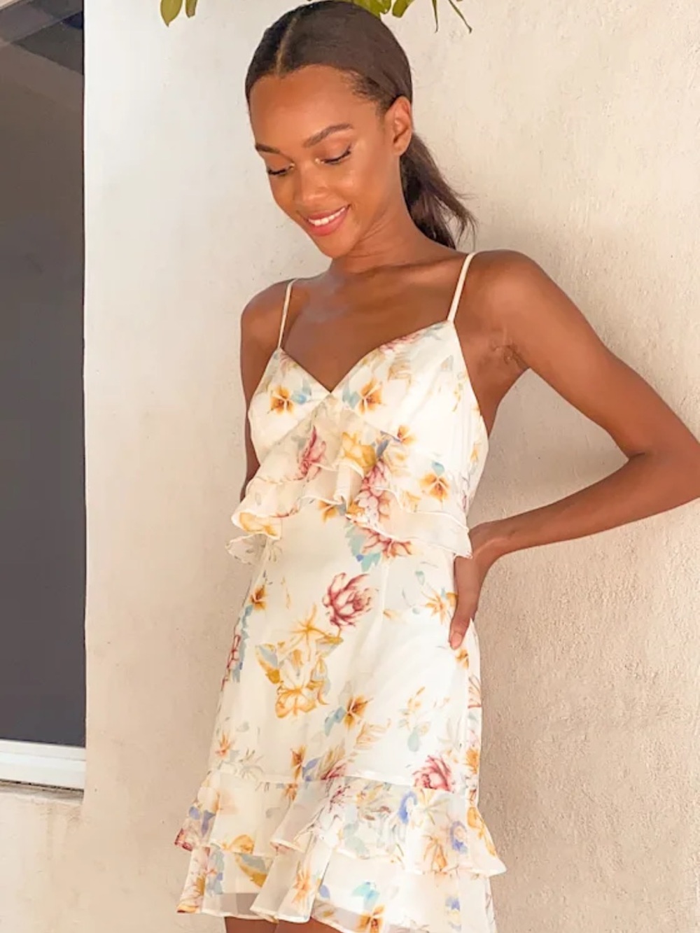 Lulu's Floral Dress- Floral Cream Mini Dress- Cocktail Dress- Game Day Dress